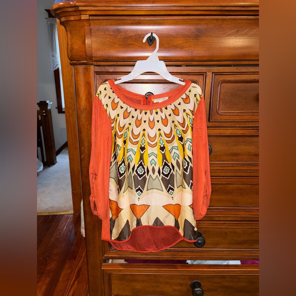 Alberto Makali Printed Boho Top Medium Orange Geometric 3/4 Sleeve
